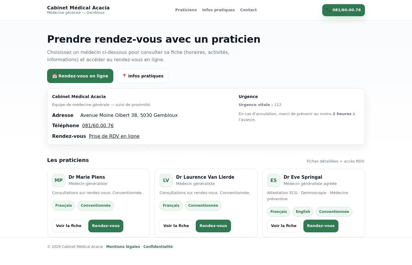 Site web Cabinet Médical Acacia Gembloux - médecine générale