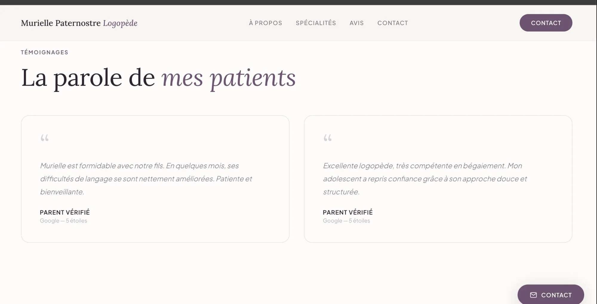 Site web Murielle Paternostre logopède témoignages patients